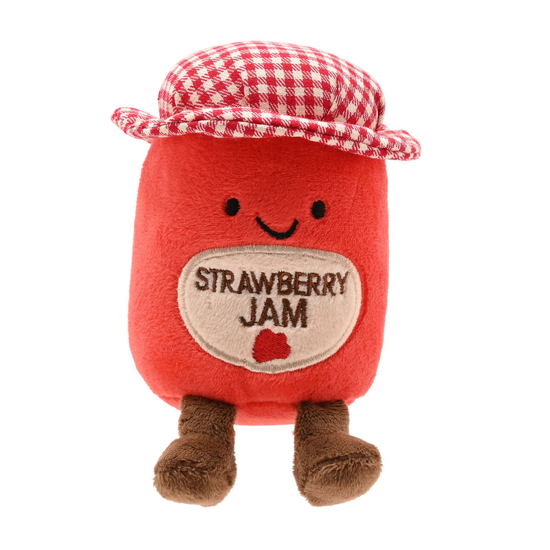 Front view of a soft red plush strawberry jam jar toy with a stitched Strawberry Jam label, smiling face, red and white gingham hat and fluffy brown legs and feet, on a white background