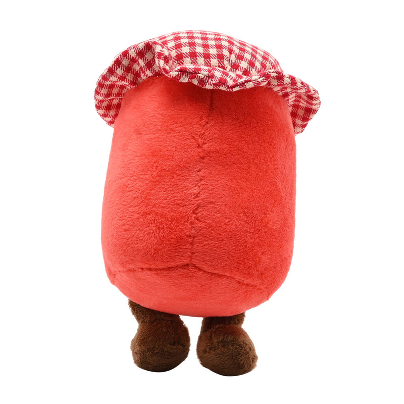Back view of a soft red plush strawberry jam jar toy with a red and white gingham hat and fluffy brown legs and feet, on a white background