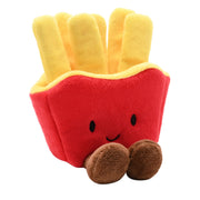 Front view of a red plush French fries carton toy with a smiling face, yellow chip fingers and small fluffy brown feet at the base, on a white background