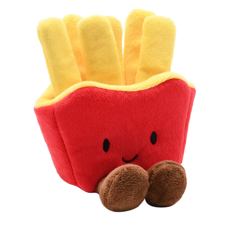 Front view of a red plush French fries carton toy with a smiling face, yellow chip fingers and small fluffy brown feet at the base, on a white background