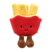 Front view of a red plush French fries carton toy with a smiling face, yellow chip fingers, and fluffy brown legs and feet, on a white background