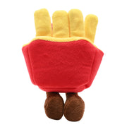 The back view of a red plush French fries carton toy with yellow chip fingers and fluffy brown feet, on a white background