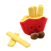 A red plush French fries carton toy with a smiling face and yellow chip fingers, with two removable yellow fry pieces placed beside it and fluffy brown feet, on a white background