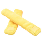 Two yellow plush French fry pieces crossed over each other, soft and chunky with stitched detail, on a white background
