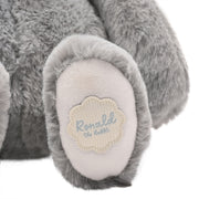 Ronald the classical soft grey bunny plush toy 30cm, close-up of name tag