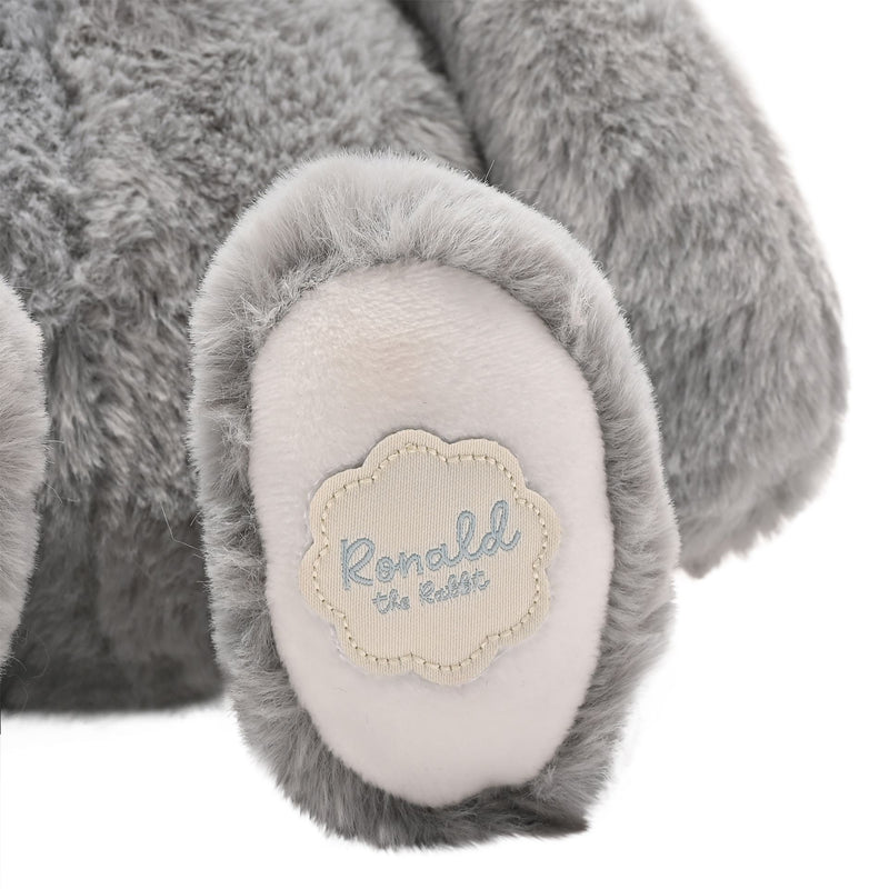 Ronald the classical soft grey bunny plush toy 30cm, close-up of name tag