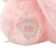 Katie the plush long leg light pink bunny soft toy 35cm, close-up of name tag detail