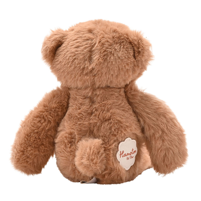 Hampton the plush long leg dark brown teddy bear 30cm, rear view showing soft texture and name tag