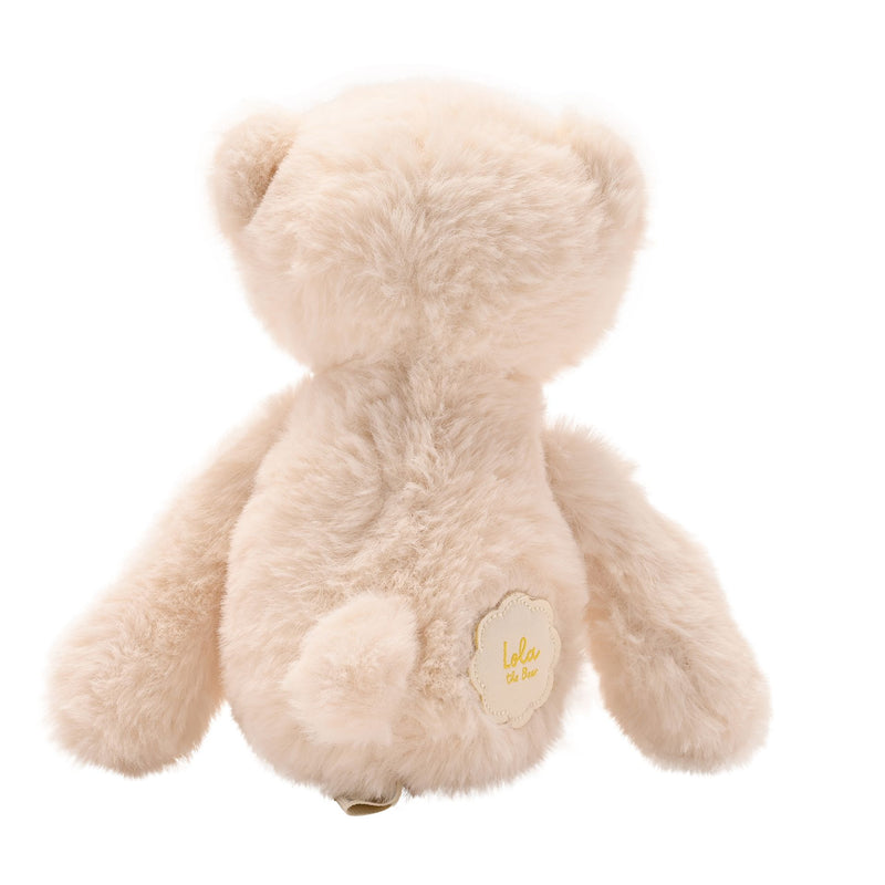 Lola the long leg plush cream teddy bear 30cm, rear view showing soft cream fur and name tag