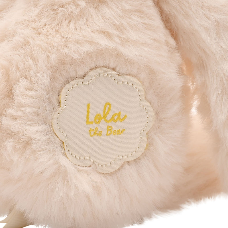 Lola the long leg plush cream teddy bear 30cm, close-up of name tag