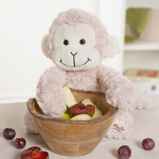 Martin the Monkey plush soft toy sitting next to a wooden bowl of fresh fruit