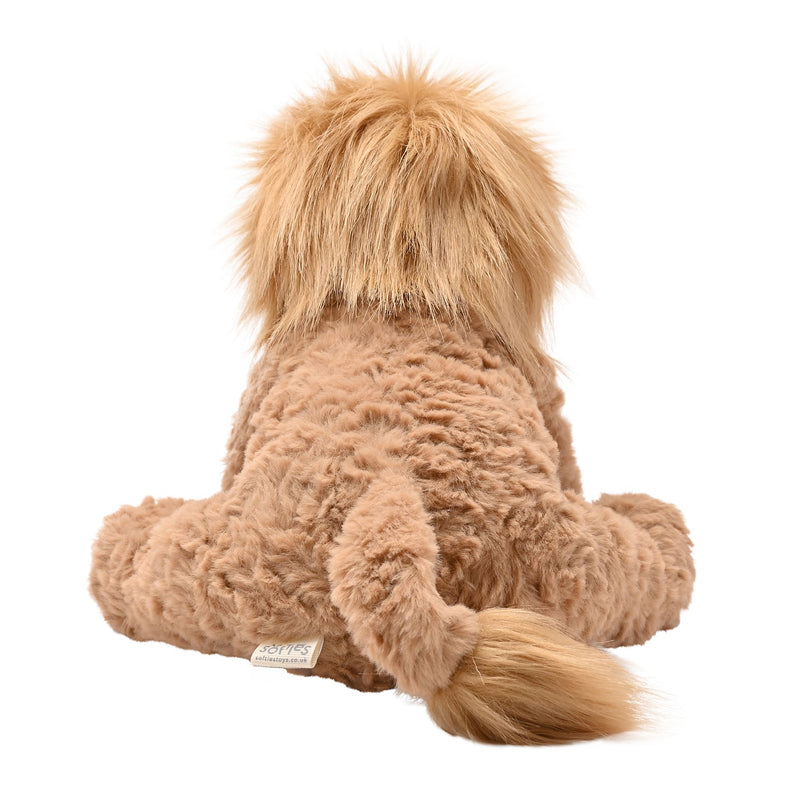 Leo the plush sitting brown lion soft toy 23cm, rear view showing soft texture, mane and swishy tail