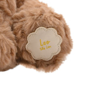 Leo the plush sitting brown lion soft toy 23cm, close-up of name tag