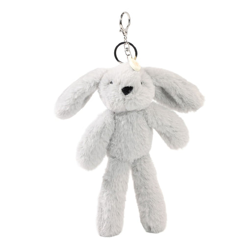 Theo the Plush Grey Bunny keyring and bag charm front view with name charm
