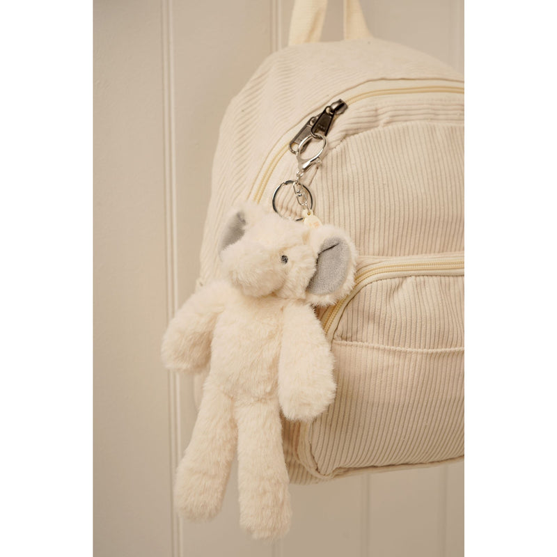 Ellie the plush cream elephant keyring/ bag charm clipped to a backpack