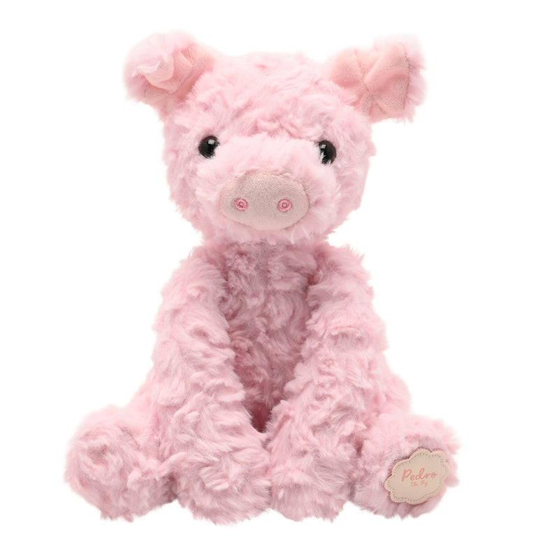 Pedro the plush pig soft toy 23cm, front view showing soft pink fur and friendly face