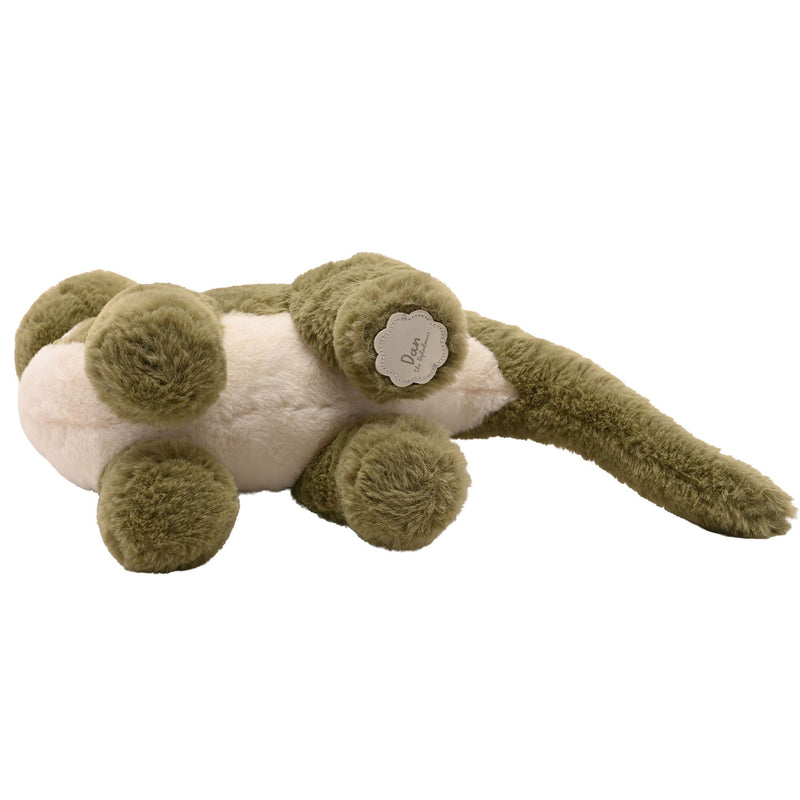 Dan the plush Diplodocus soft toy 36cm, lying on his side showing name tag detail