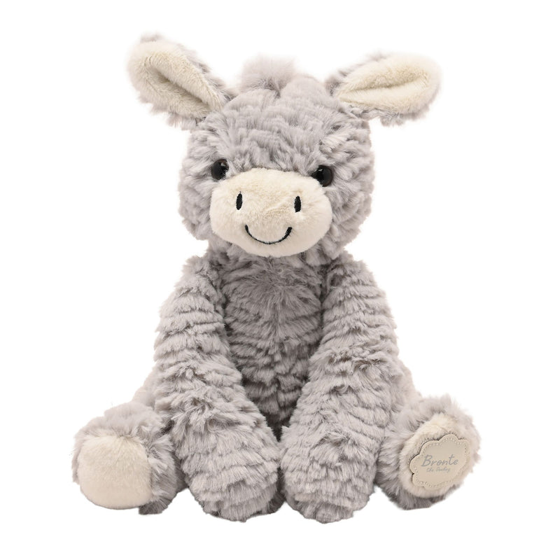 Bronte plush sitting donkey in soft grey with a cream muzzle, front-facing view, 22cm tall