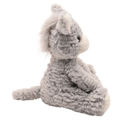 Side view of Bronte plush donkey toy showing fluffy grey coat and rounded sitting pose