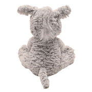 Rear view of Bronte plush donkey toy showing fluffy grey coat and mane in a rounded sitting pose