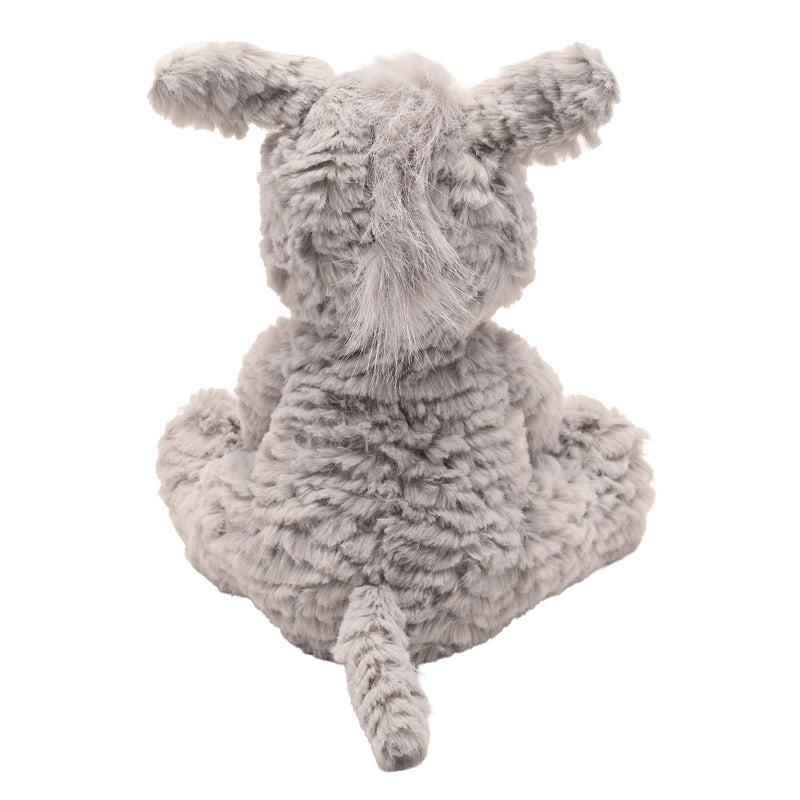 Rear view of Bronte plush donkey toy showing fluffy grey coat and mane in a rounded sitting pose