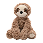 Front view of Sofia plush sloth toy showing rounded sitting pose and fluffy brown coat with her name tag
