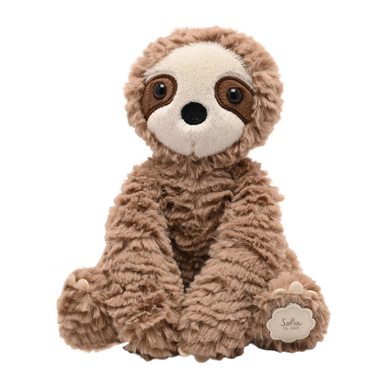 Front view of Sofia plush sloth toy showing rounded sitting pose and fluffy brown coat with her name tag