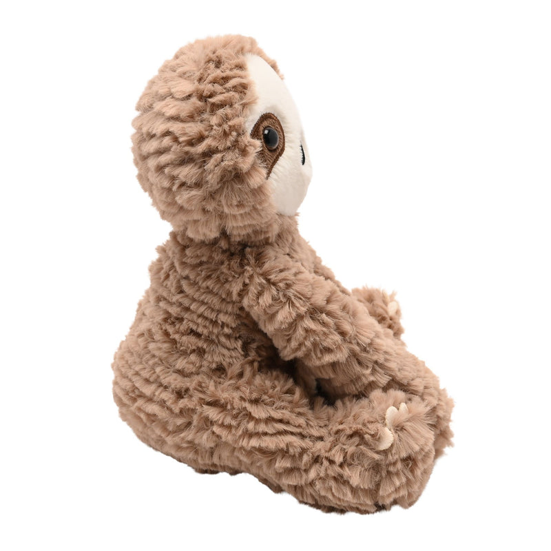 Side view of Sofia plush sloth toy showing rounded sitting pose and fluffy brown coat