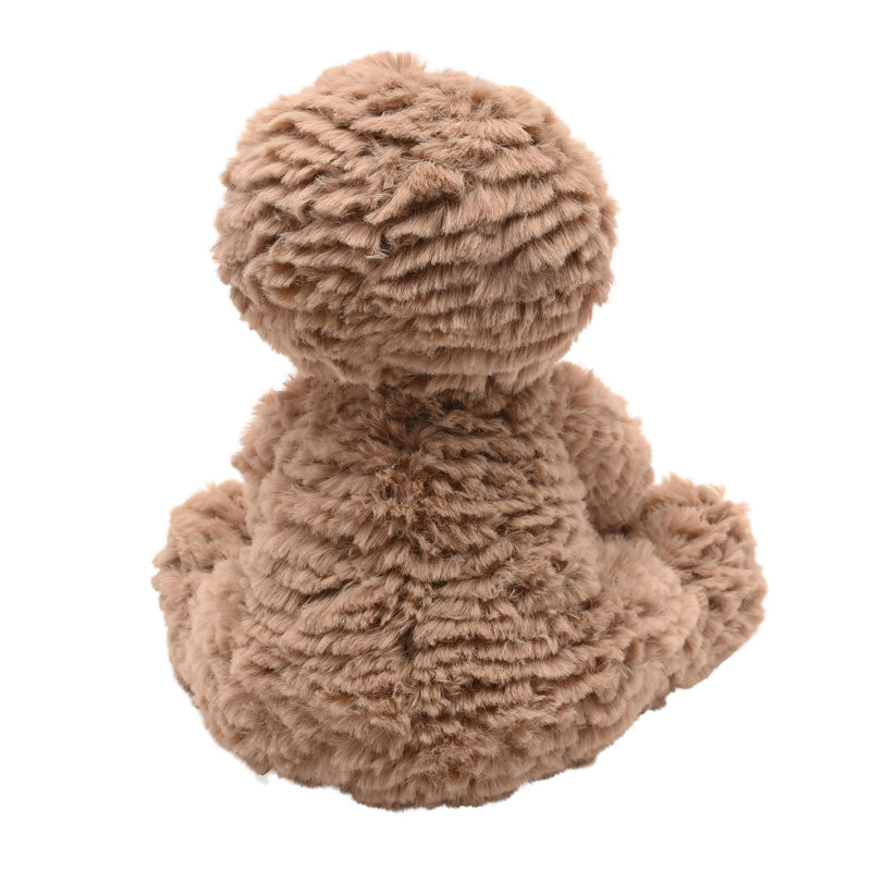 Rear view of Sofia plush sloth toy showing rounded sitting pose and fluffy brown coat