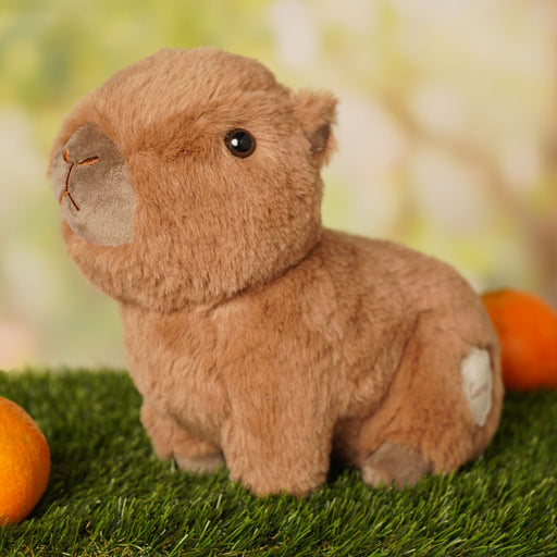 Carrie the Capybara plush soft toy 24cm, lifestyle shot on grass with oranges, soft focus garden background