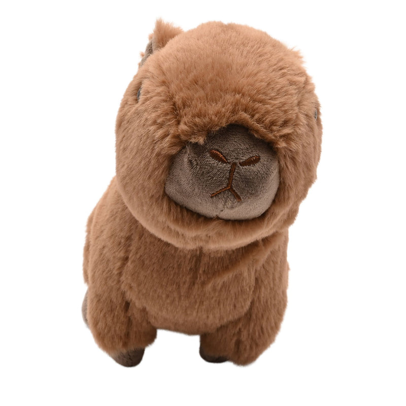 Carrie the Capybara plush soft toy 24cm, front view showing broad muzzle and dark shiny eyes, warm brown fur, white background