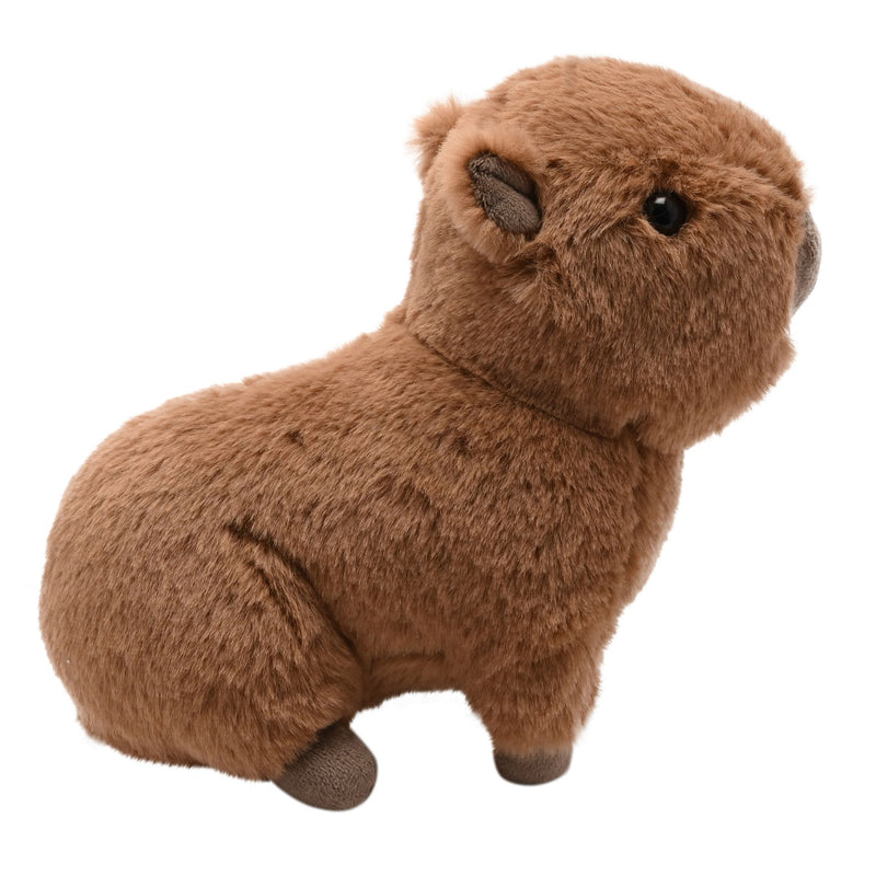 Carrie the Capybara plush soft toy 24cm, side view showing rounded body, small ears and dark fluffy feet, white background