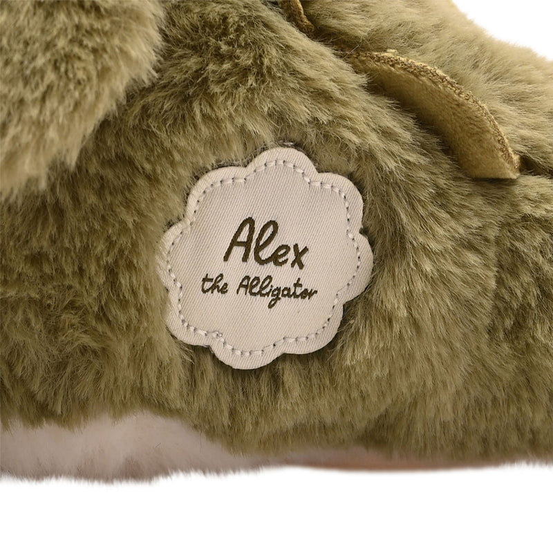 Alex the plush alligator soft toy 30cm, close-up of name tag detail