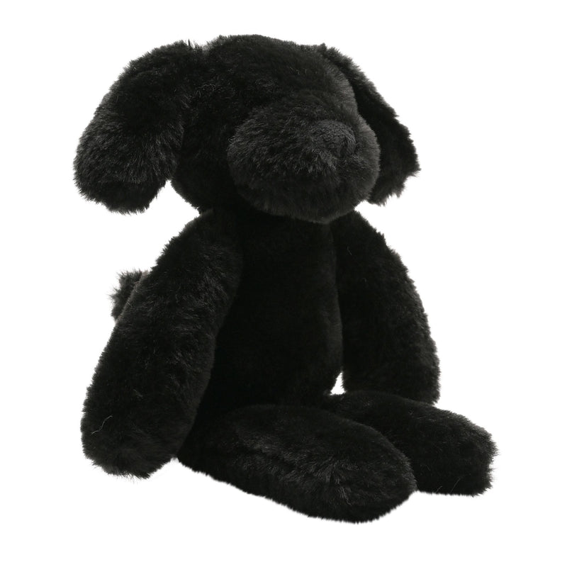 Monty the plush long leg black puppy soft toy 30cm, angled view showing full body and velvety ears