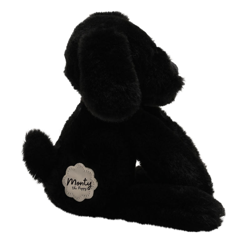 Monty the plush long leg black puppy soft toy 30cm, side view showing name tag detail
