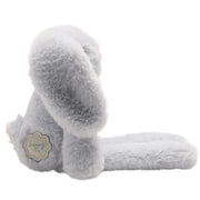 Side view of Sunny plush long leg bunny showing slim profile, long legs, and soft coat with name tag