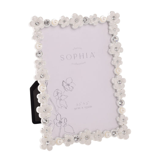 Sophia Classic Daisy photo frame angled view showing white daisy flower border detail with pearl-effect and crystal-effect stones