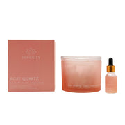 Serenity Rose Quartz crystal bowl diffuser with gift box and fragrance oil dropper bottle on white background