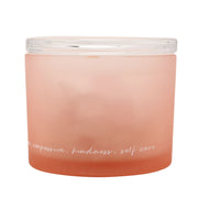 Serenity Rose Quartz frosted pink glass crystal bowl with lid, front view showing love, compassion, kindness, self care text