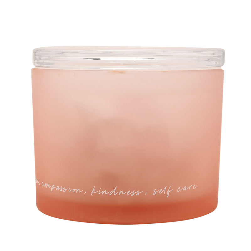 Serenity Rose Quartz frosted pink glass crystal bowl with lid, front view showing love, compassion, kindness, self care text