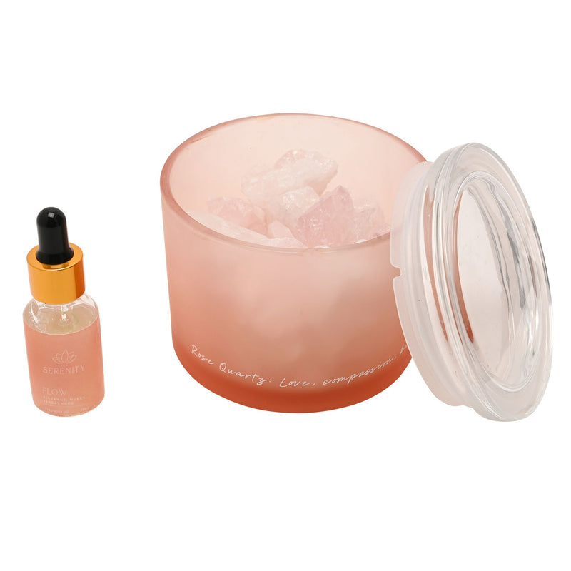 Serenity Rose Quartz crystal bowl diffuser open with rose quartz crystals inside, lid removed, white background