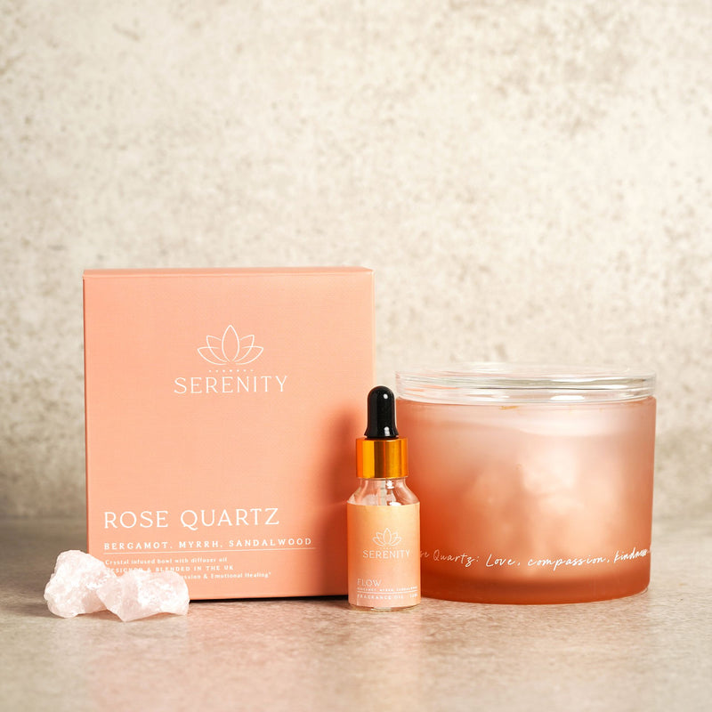 Serenity Rose Quartz crystal bowl diffuser set with gift box, Flow fragrance oil bottle and rose quartz crystals, showing bergamot, myrrh and sandalwood fragrance notes

