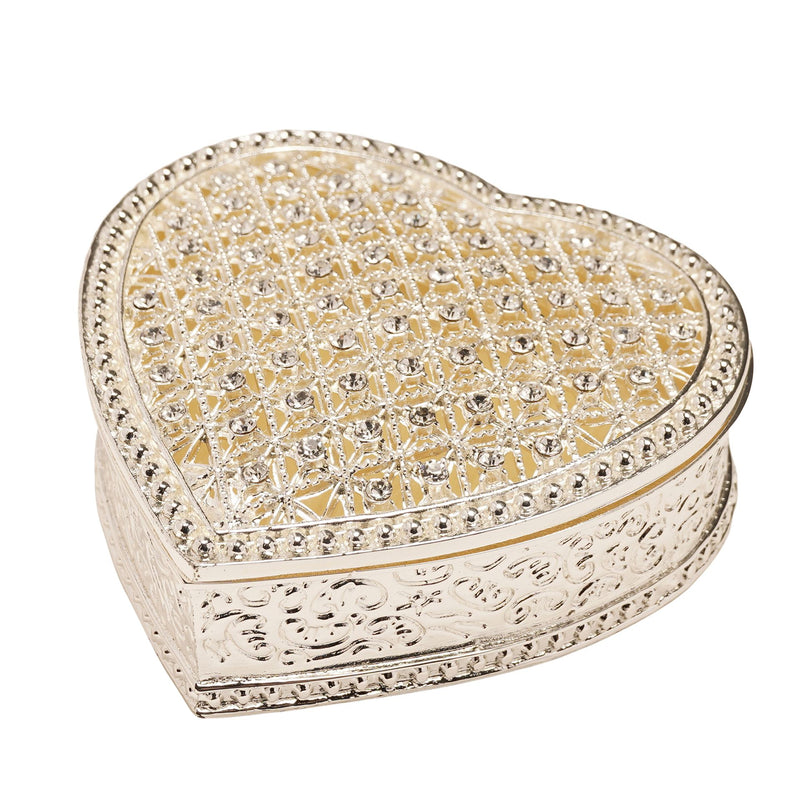 Sophia heart trinket box three-quarter view showing crystal-effect lid and embossed floral scroll sides, white background
