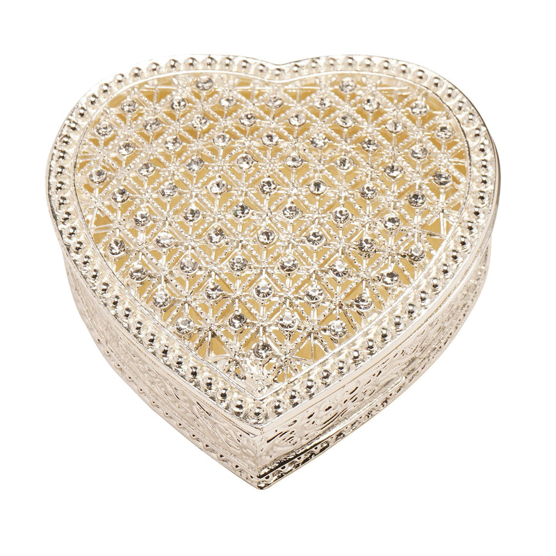 Sophia heart trinket box closed, top view showing full crystal-effect stone lattice lid with beaded border, white background