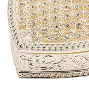 Close-up of Sophia heart trinket box lid showing crystal-effect stone lattice pattern and beaded border detail, white background