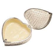 Sophia heart trinket box open showing cream-lined interior and crystal-effect lattice lid interior, silver-tone finish, white background