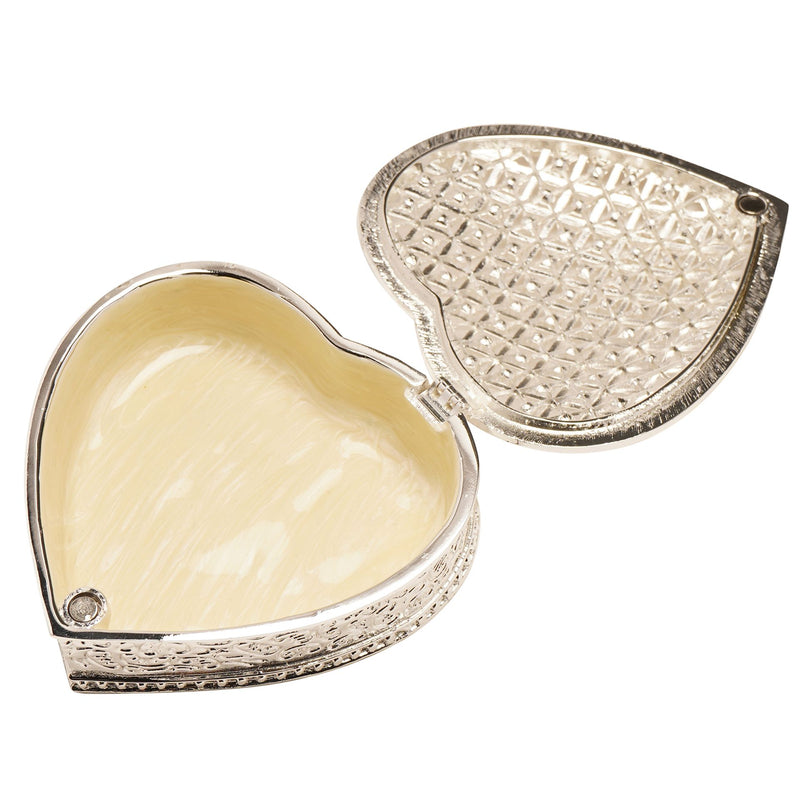 Sophia heart trinket box open showing cream-lined interior and crystal-effect lattice lid interior, silver-tone finish, white background