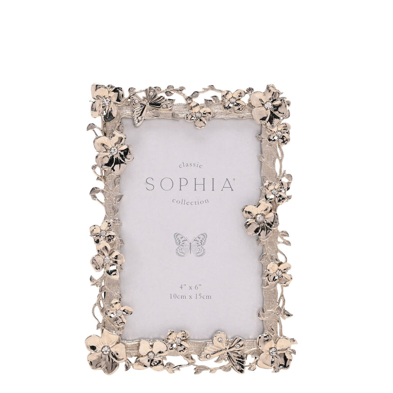 Sophia floral butterfly nickel-plated photo frame, front view showing full ornate ironwork border with flowers, leaves and butterflies, crystal-effect stone flower centres, white background