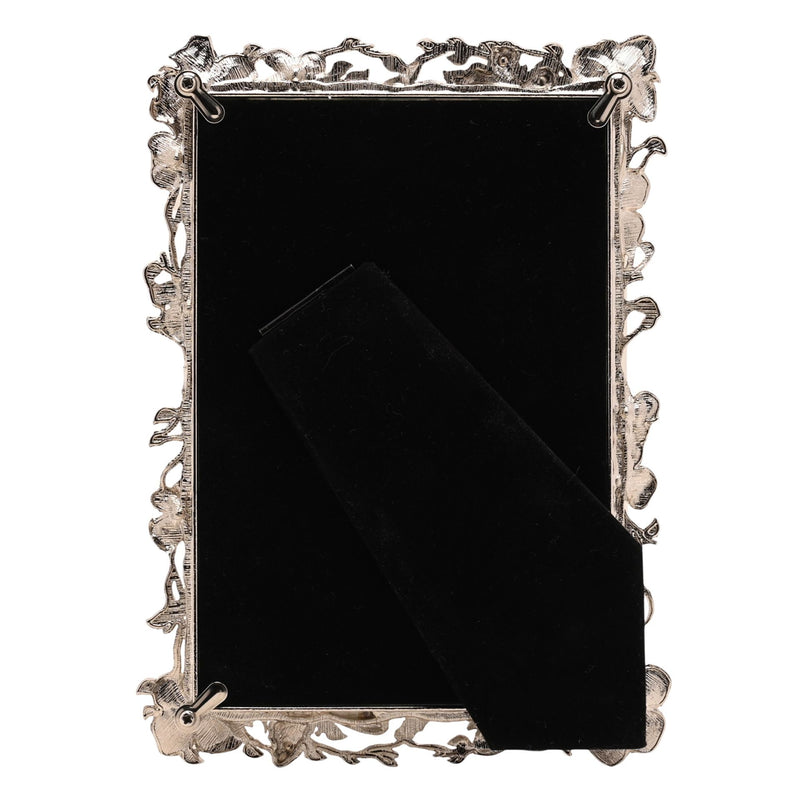 Sophia floral butterfly nickel-plated photo frame, rear view showing velvet backing and free-standing easel, white background