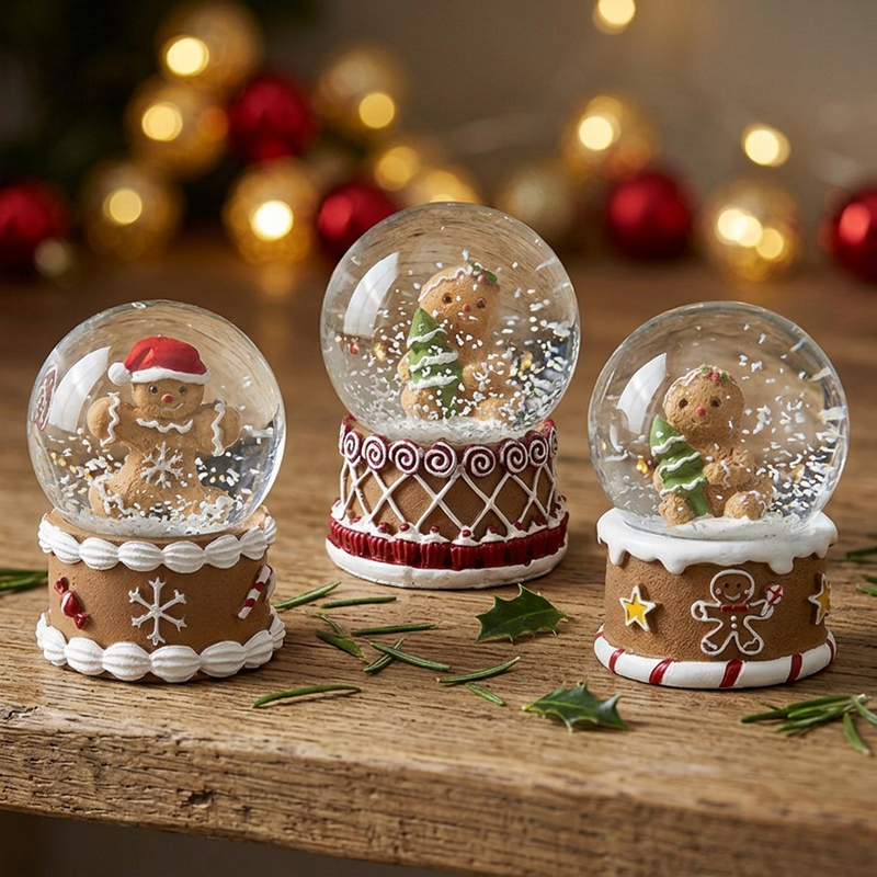 Three miniature gingerbread Christmas snow globes with icing-style decorative bases, displayed on a wooden shelf with evergreen sprigs and softly glowing fairy lights.